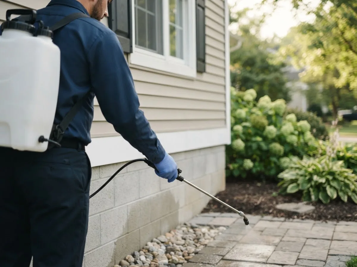 Pest control technician inspecting a home in Williamston, MI